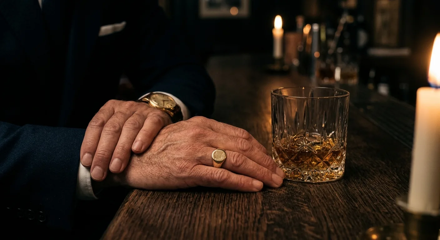 Editorial brand photograph — a gentleman's hands beside crystal glassware