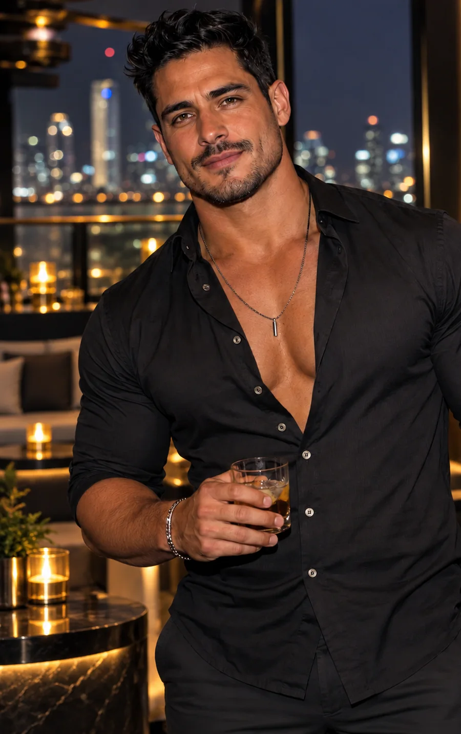Editorial brand photograph — a gentleman in black at a rooftop lounge above the skyline