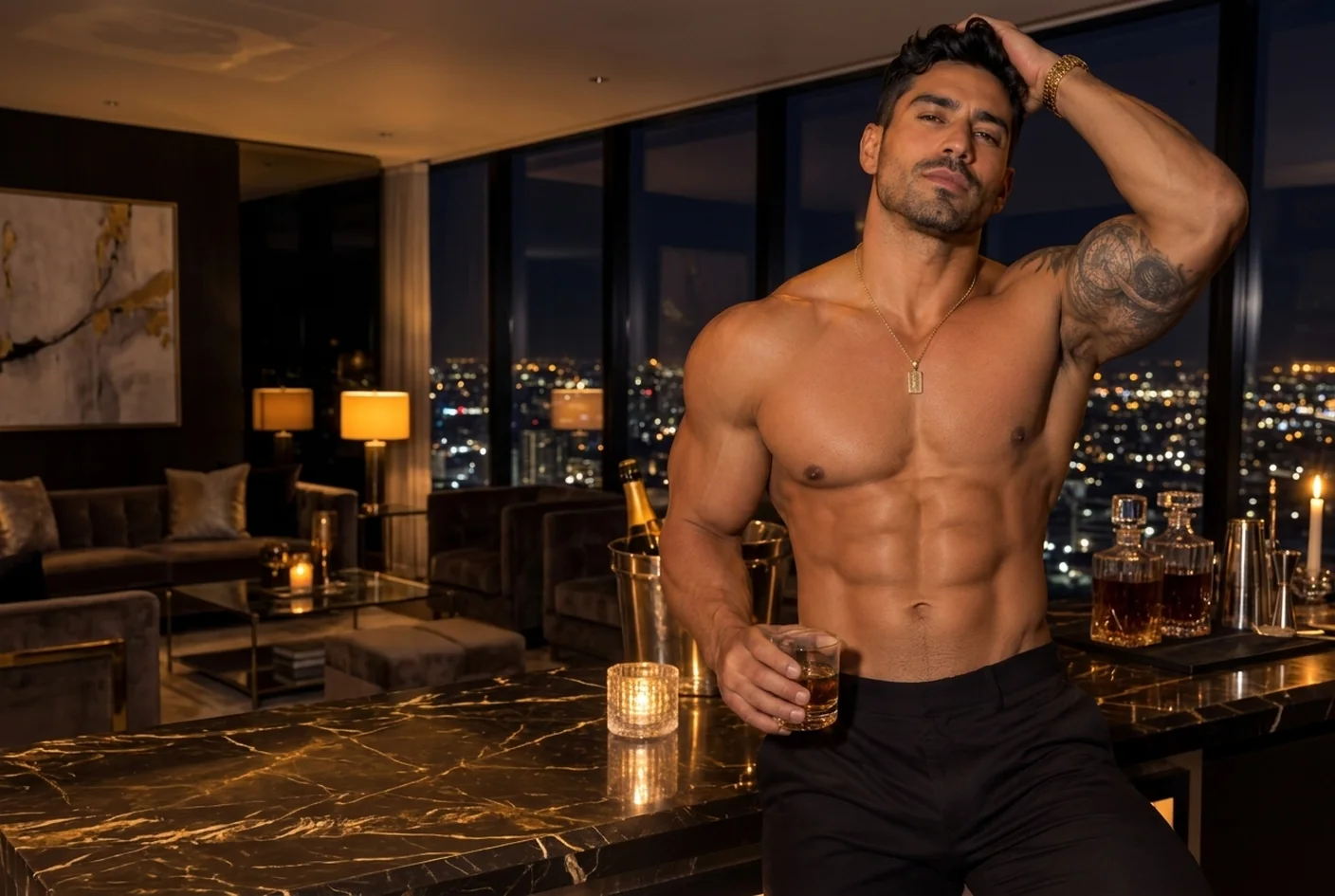 Editorial brand photograph — a gentleman at a penthouse bar overlooking the city at night
